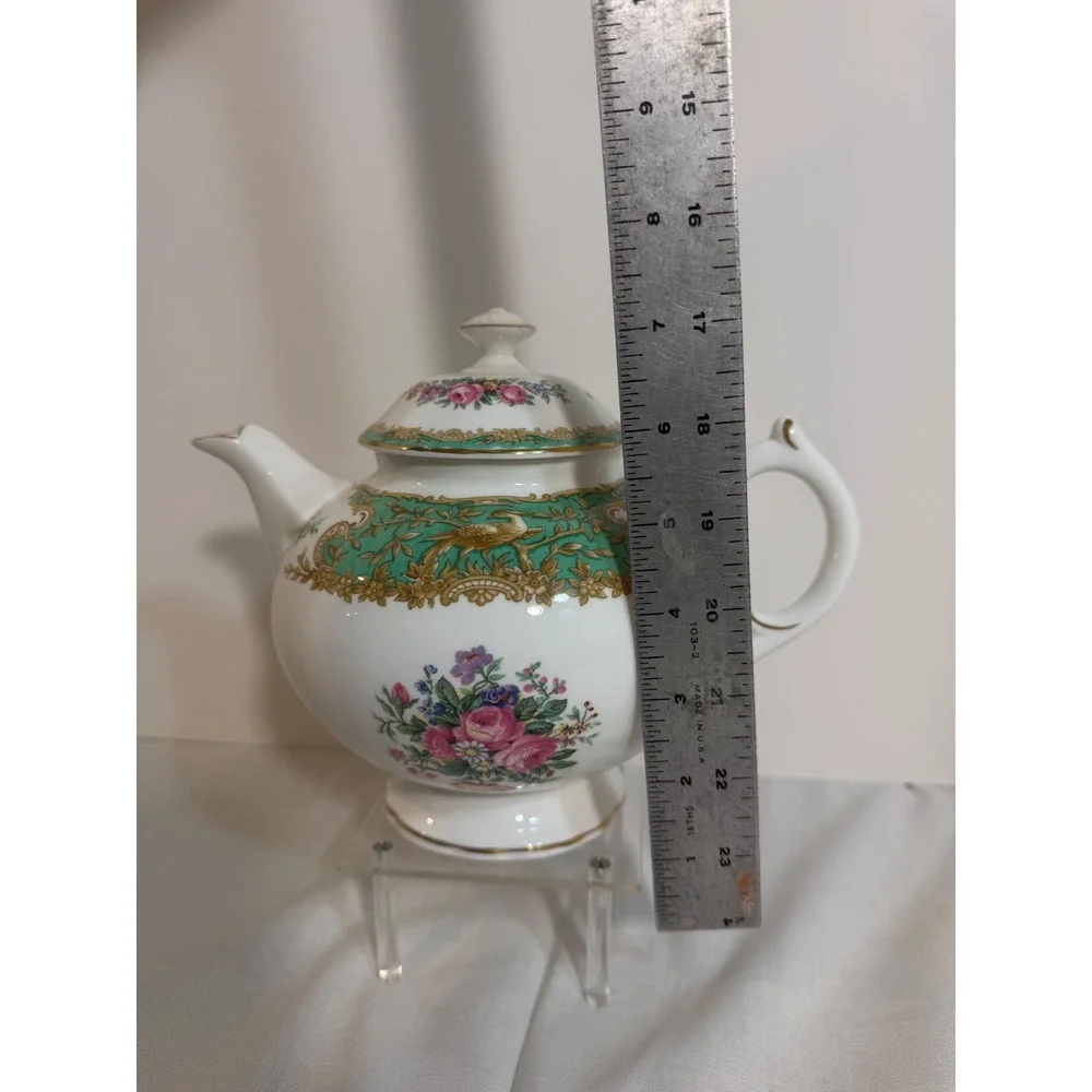 Coalport Montrose Green Bone China Teapot Floral Bird Gold Trim England 7in